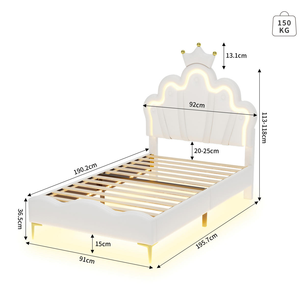 POLSTERBETT 90x190 cm mit LED, Krone & PU-Bezug, Weiß - Weiß, Metall (90/190cm) - EuroLiving