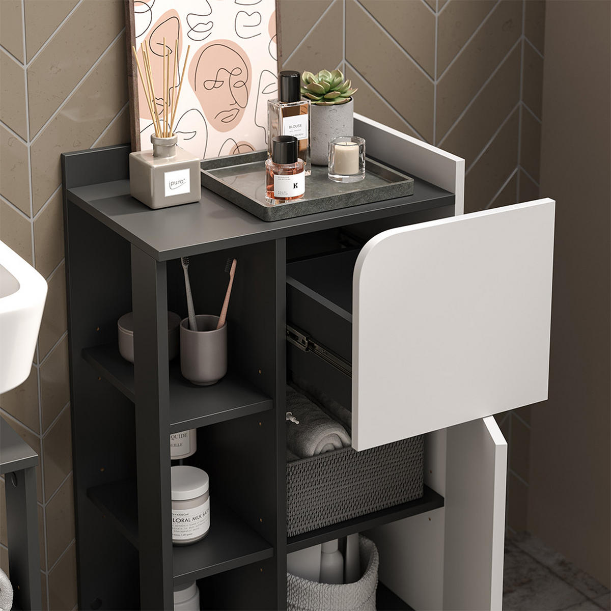 MIDISCHRANK Karen Anthrazit/Weiß 50 x 90 cm mit Tür und Schublade - Anthrazit/Weiß, Holzwerkstoff (50/90/35cm) - Vicco