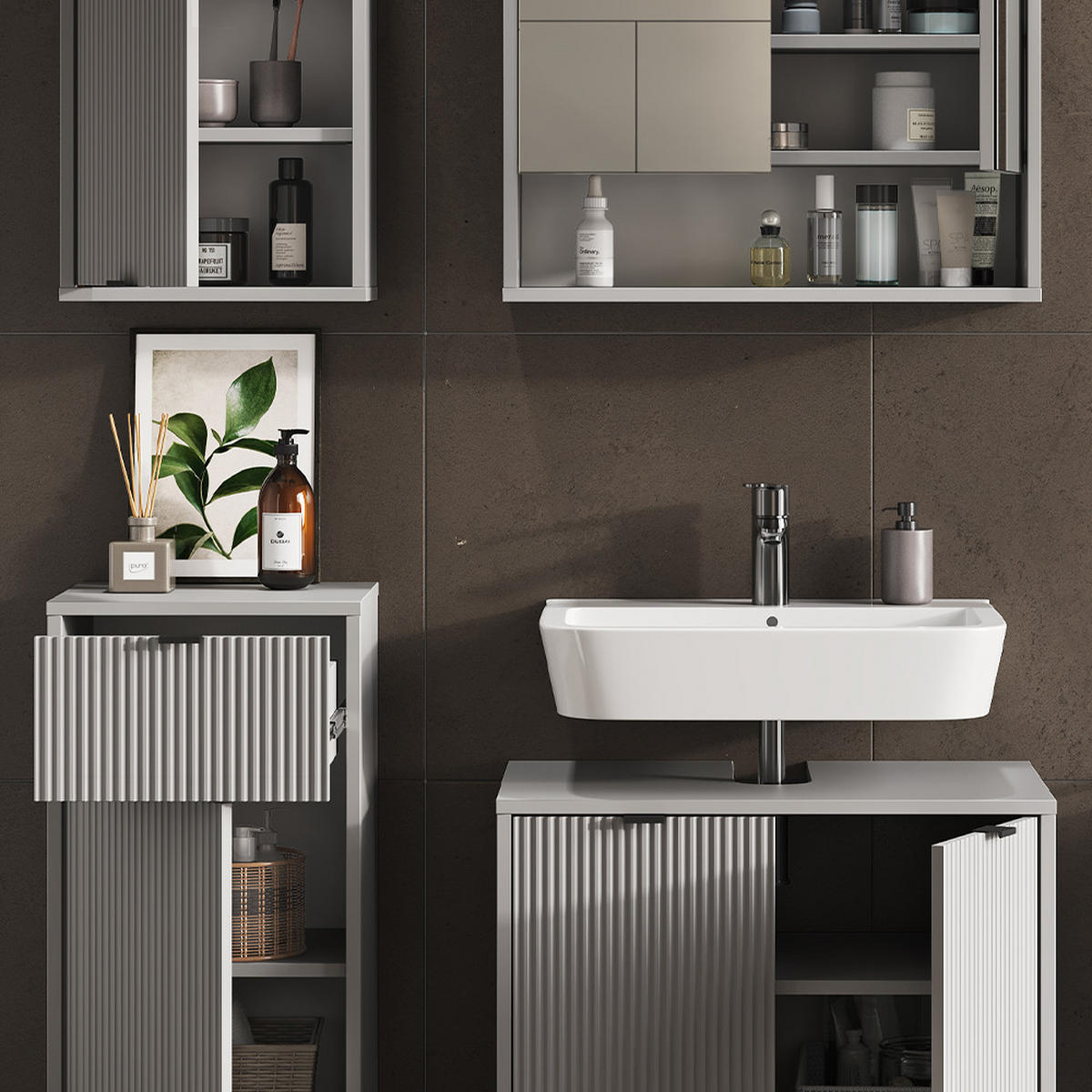 BADMÖBEL-SET Eliza Grau 4 Teile - Grau, Holzwerkstoff (70/63/45cm) - Vicco