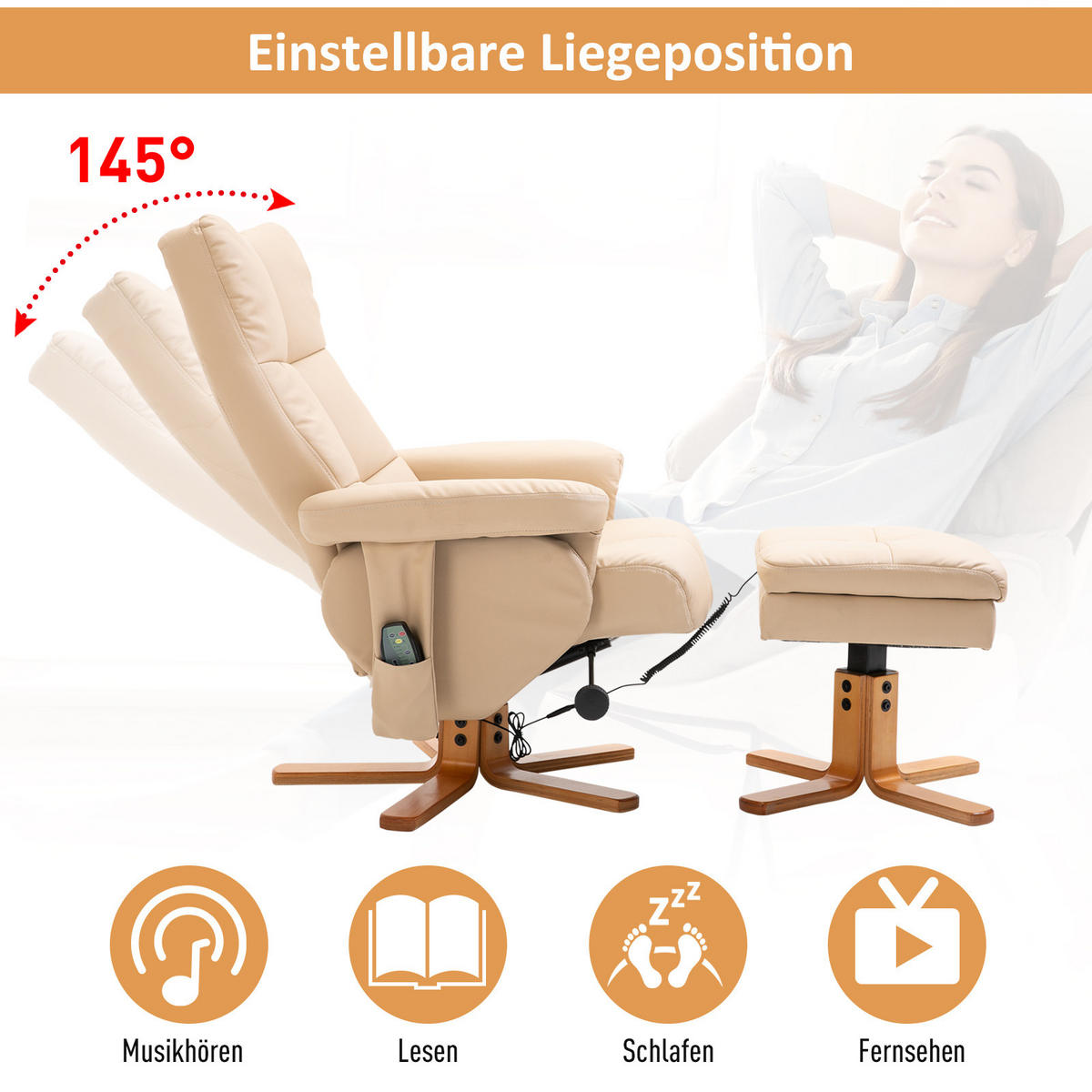 RELAXSESSEL mit Liegefunktion Massagesessel mit Fußhocker Polyester Cremeweiß - Creme, Leder/Holz (86/99/80cm) - HOMCOM
