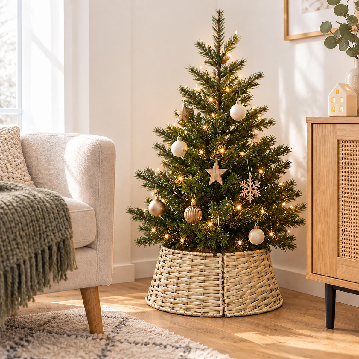 WEIHNACHTSBAUMROCK Natur 3-tlg. Weidengeflecht 60 cm - Hellbraun, Holz (26cm) - Relaxdays