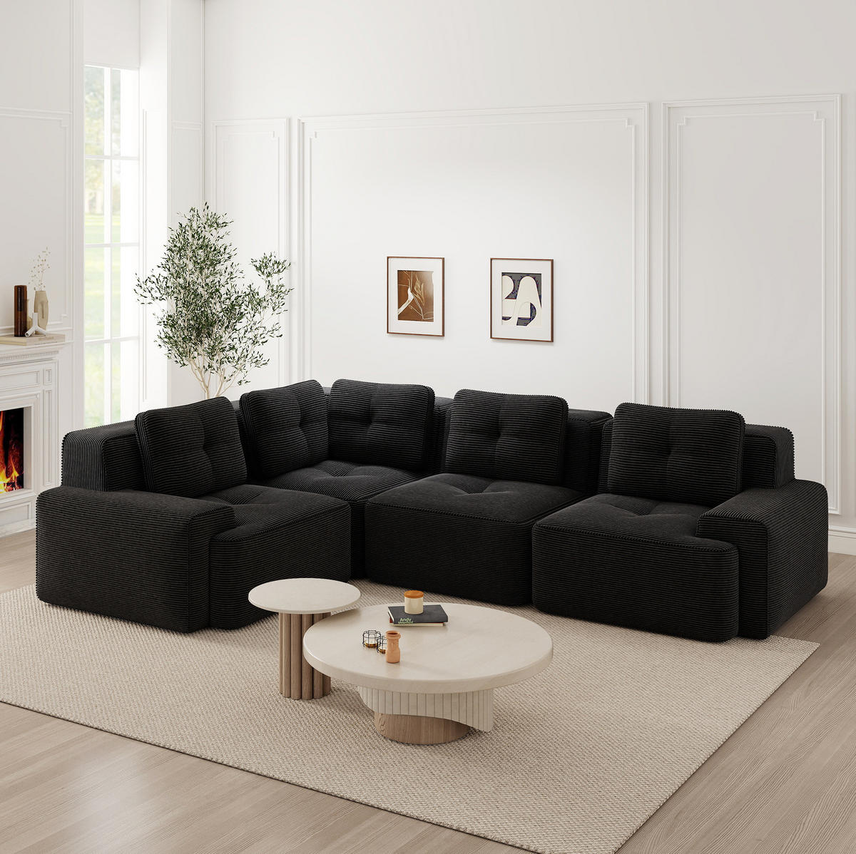 ECKSOFA modular ohne Aufbau Cord 4-tlg. - Schwarz, Kunststoff (104/382cm) - Meubliv