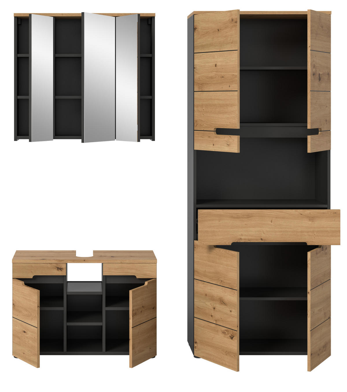 BADMÖBEL-SET Eiche, grau 3-teilig 171 cm, Komplettset mit Soft-Close - Schwarz/Eiche Artisan, Glas/Holzwerkstoff (171/193/34cm) - Inn.Furn
