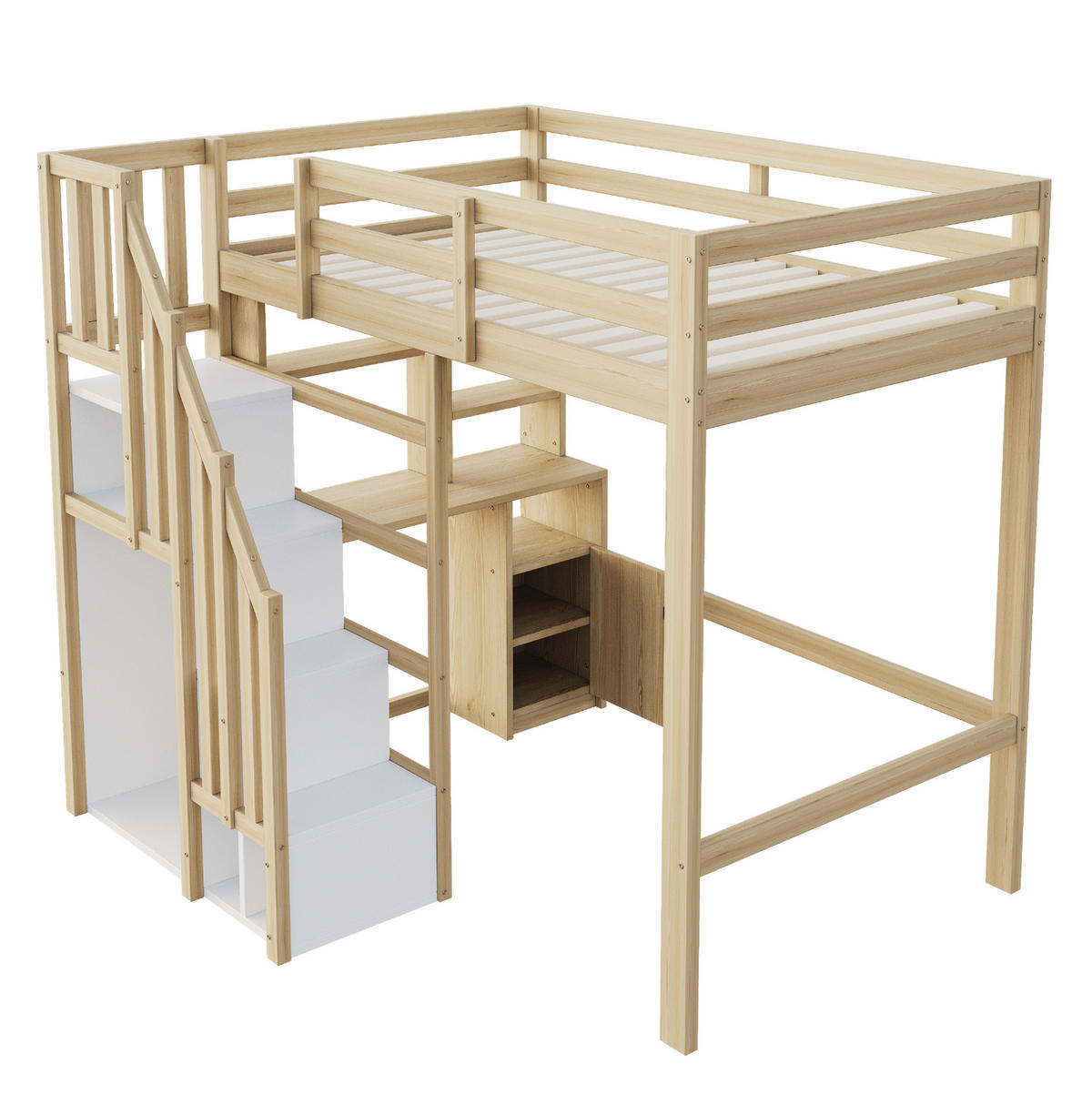 HOCHBETT 90/200 cm in Naturholz – mit Schreibtisch, Stauraumtreppe und Regalen - Naturfarben, Holzwerkstoff (90/200cm) - BEAOK