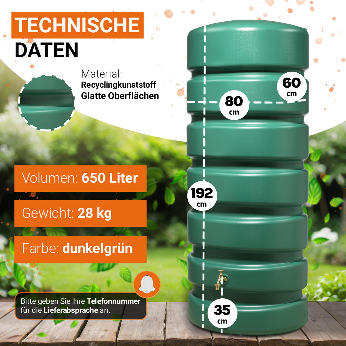 O Regentonne 650 L, dunkelgrün - Grün, Kunststoff (60/192/80cm) - GARANTIA