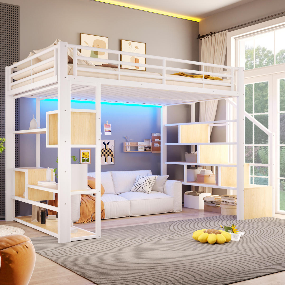 HOCHBETT 140x200 Metall Weiß mit Stauraum LED Beleuchtung Treppe - Weiß, Metall - Gisaae