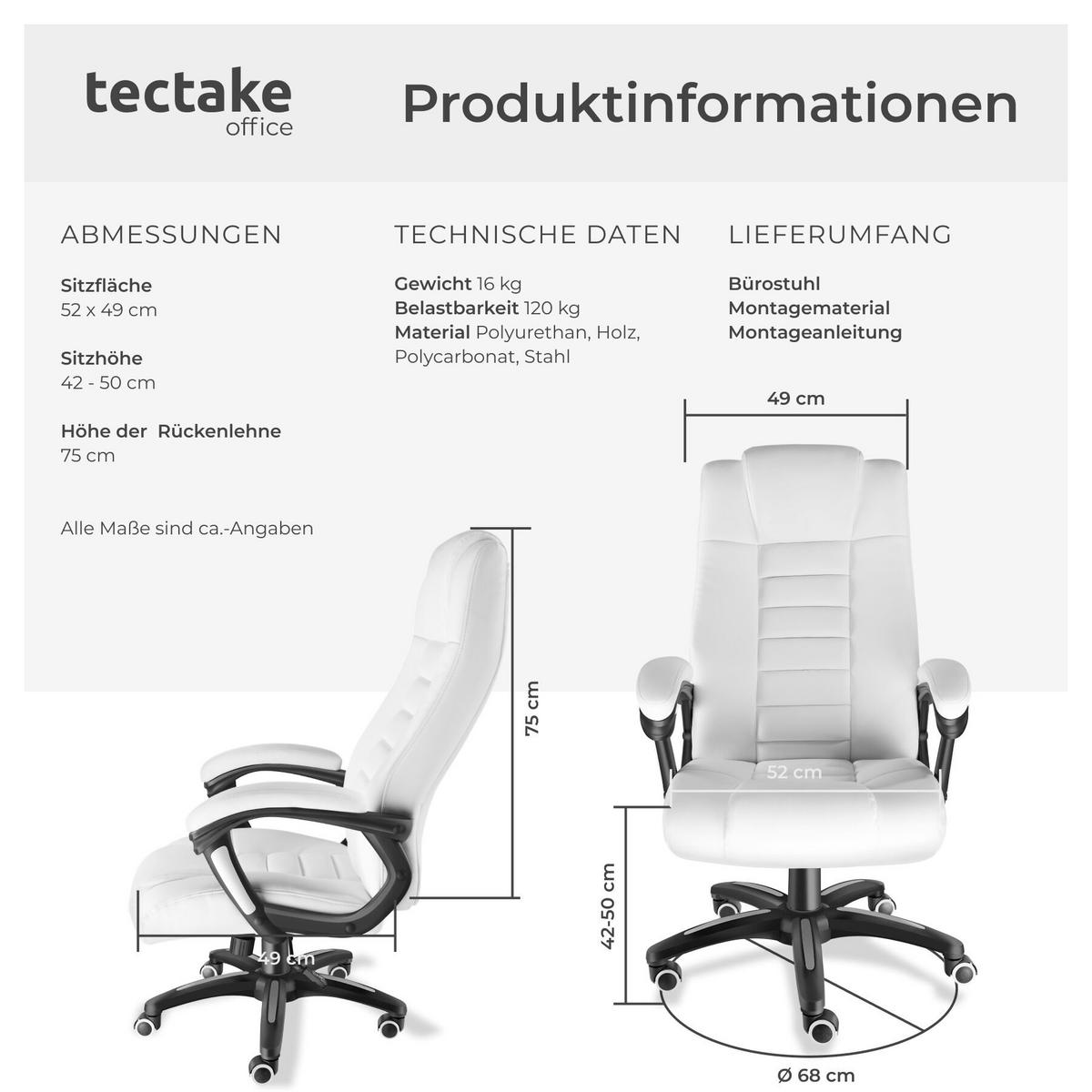 BÜROSTUHL Mafz, einstellbare Wippfunktion, weiß - Weiß, Textil (49/50/52cm) - tectake