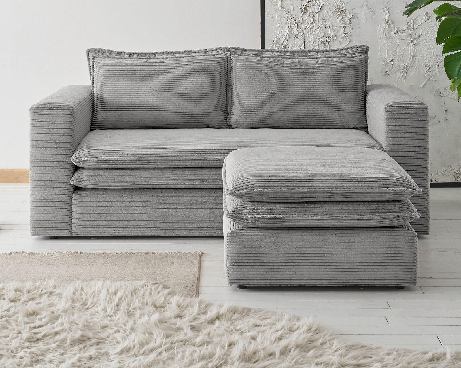 SOFA-SET hellgrau Cord, Couch 2-Sitzer inklusive Hocker - Beige/Hellgrau, Holz/Textil (180/83/161cm) - Furn.Design
