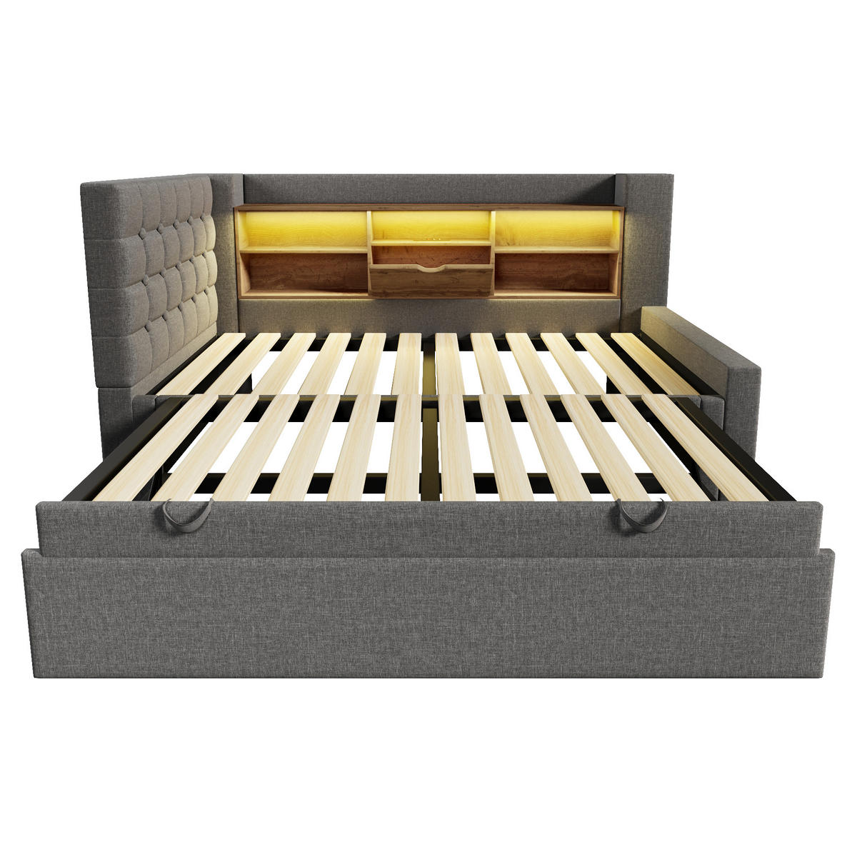 POLSTERBETT 90/200 cm mit Ausziehbett, LED-Beleuchtung, USB-Anschlüssen und Stauraum, Leinen/Metall, Grau - Grau, Textil (90/200cm) - Redom