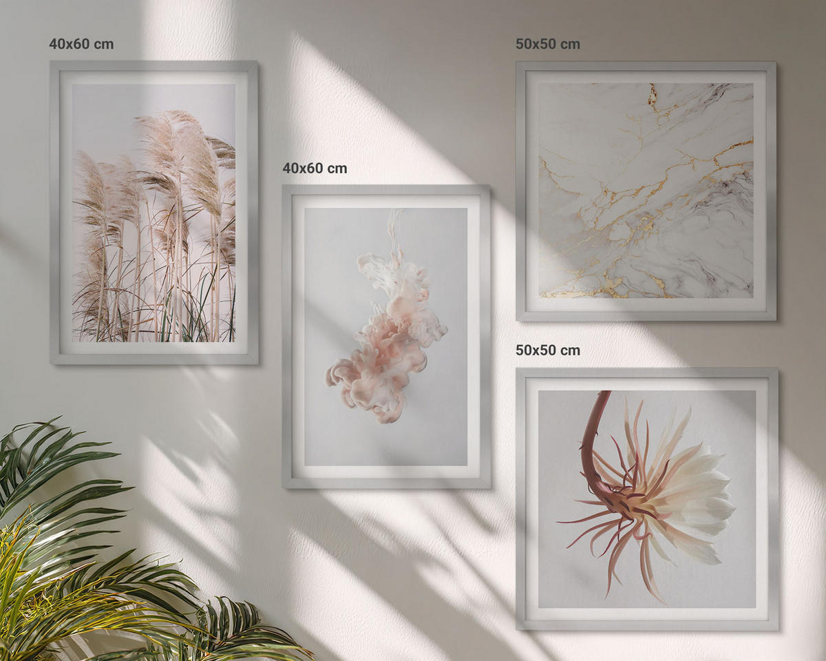 WANDBILDER 4er Set - 50x50 cm & 40x60 cm Silberner Rahmen - Elegante Gräser, Blumen, Marmor - Silberfarben, Kunststoff (50/50cm) - ArtPrintCave