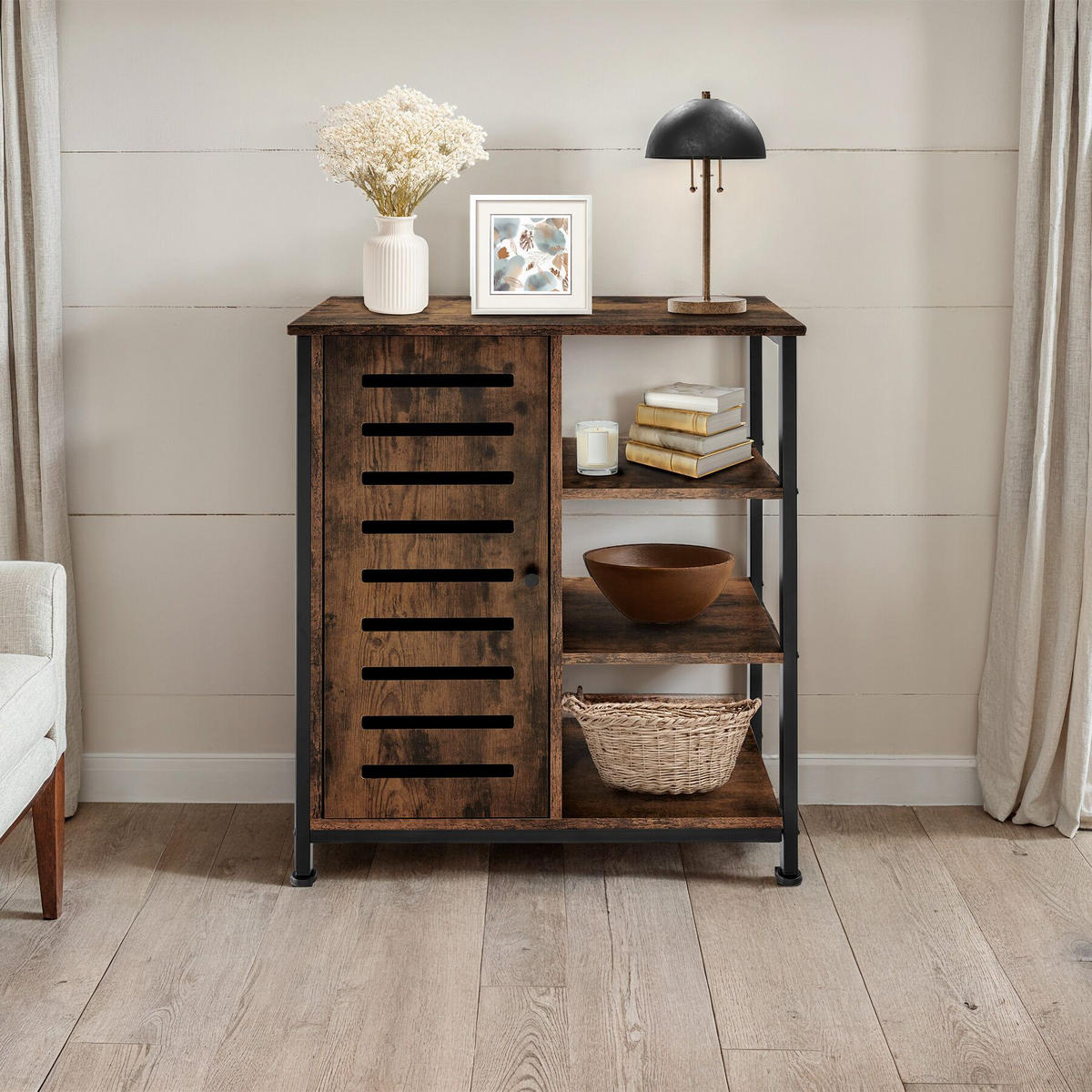 SIDEBOARD ,mit höhenverstellbaren Kunststofffüßen, 70 x 32 x 82 cm,Industrial Holz dunkel, rustikal - Rostfarben, Holzwerkstoff (32/82/71cm) - tectake