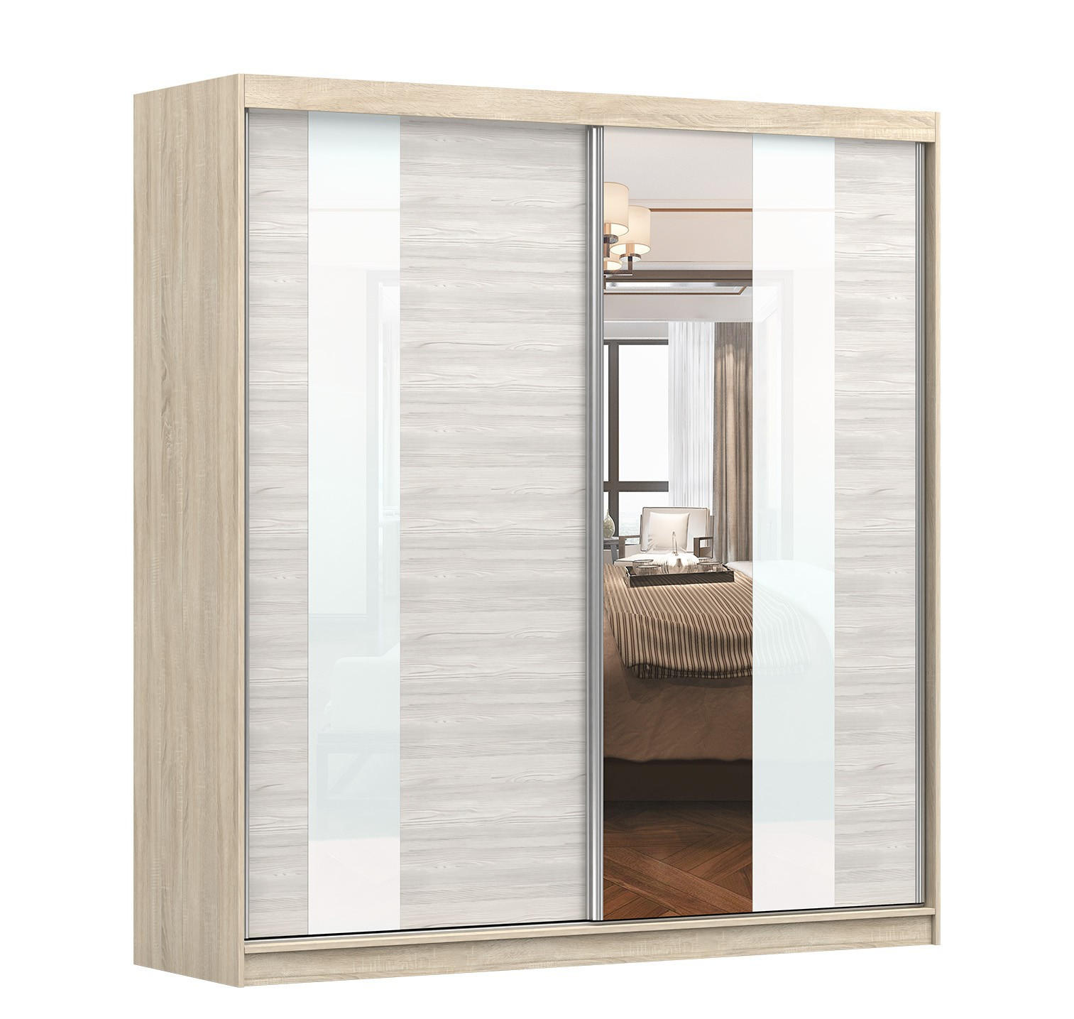 imoebel24 Schwebetürenschrank Sonoma Eiche, Weiß 203x218x61 cm