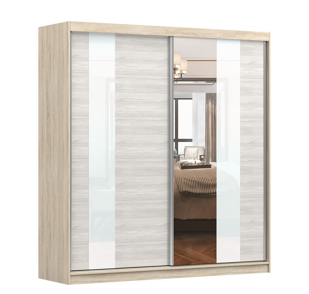 SCHWEBETÜRENSCHRANK Multi 32 Sonoma Eiche/Kathult Weiß, mit LED-Beleuchtung 203 cm - Alufarben/Weiß, Glas/Holzwerkstoff (203/218/61cm) - imoebel24