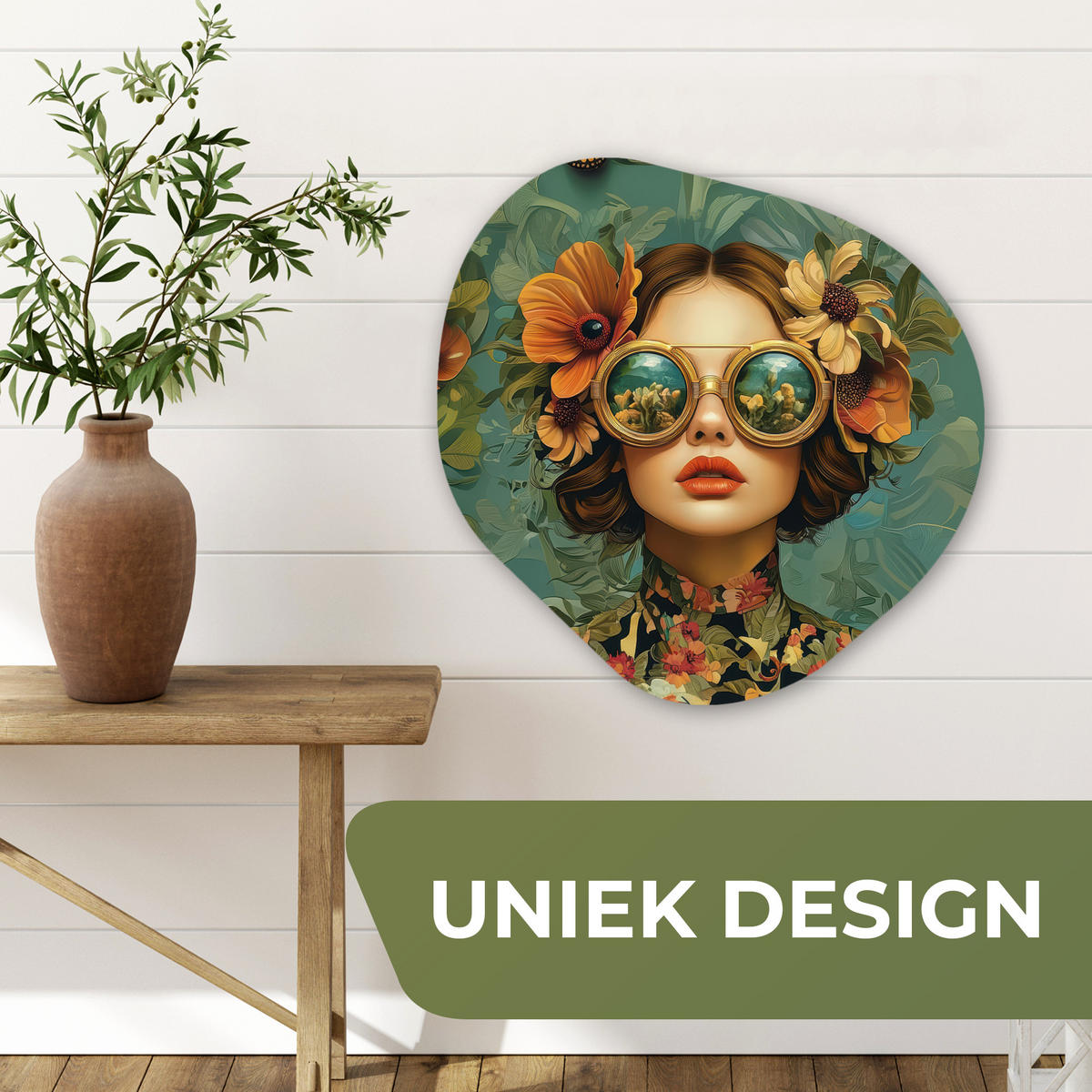 WANDBILD Frau - Blumen - Schmetterlinge - Natur - Vintage Wandbild 60x60 cm - Petrol, Kunststoff (60/60cm) - MuchoWow