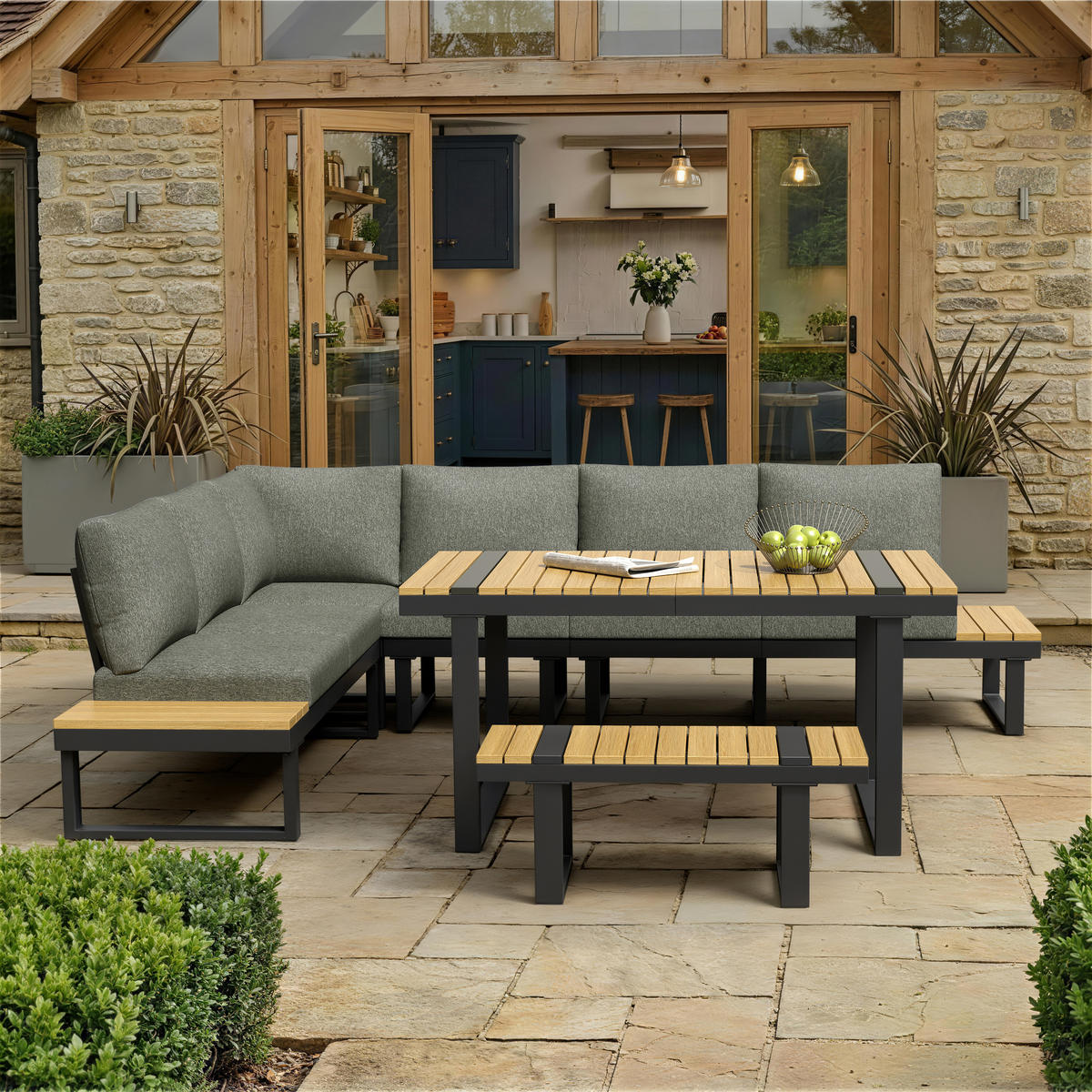 GARTEN-ESSGRUPPE 6-Sitzer Ecklounge Grau + Schwarz - Grau, Metall - ComfortXL