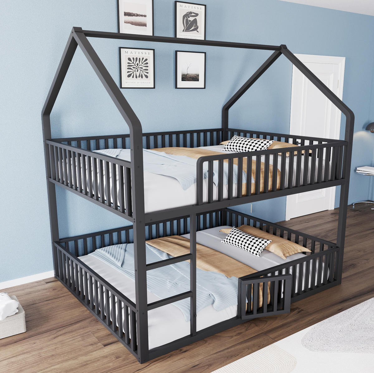 ETAGENBETT 140/200 cm aus Metall in Schwarz mit Hausform und Frontleiter - Schwarz, Metall (140/200cm) - OKMYHOME