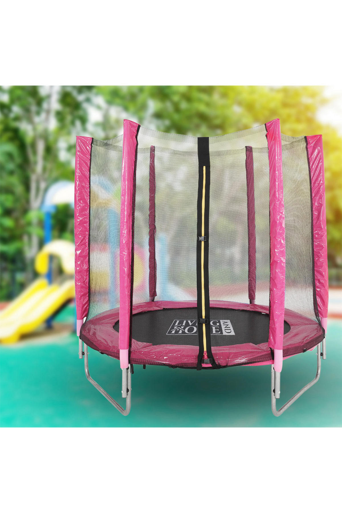 TRAMPOLIN aus Stahl, PP, EPE, Federn in Rosa + Schwarz mit Sicherheitsnetz für Kinder 150 cm Durchmesser x 160 cm Höhe - Pink, Metall (150/150/160cm) - Livingandhome