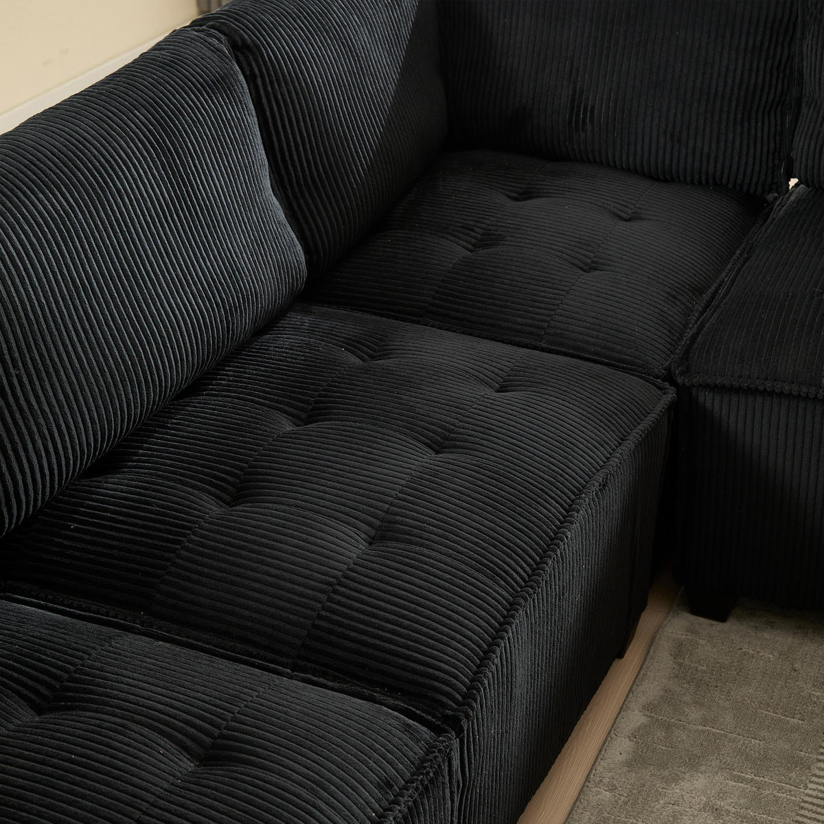 WOHNLANDSCHAFT 6-SITZER Cord Schwarz mit Seitentaschen - Schwarz, Holzwerkstoff/Kunststoff (308/82/154cm) - WISHDOR