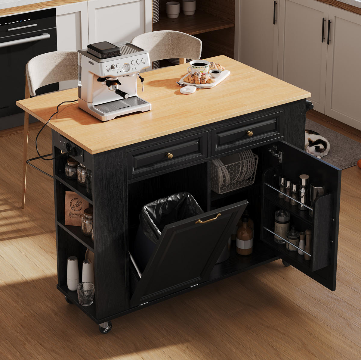 KÜCHENINSEL mit Klappplatte 120 cm Schwarz/Natur MDF - Schwarz, Holz (70/92/120cm) - Beauniv