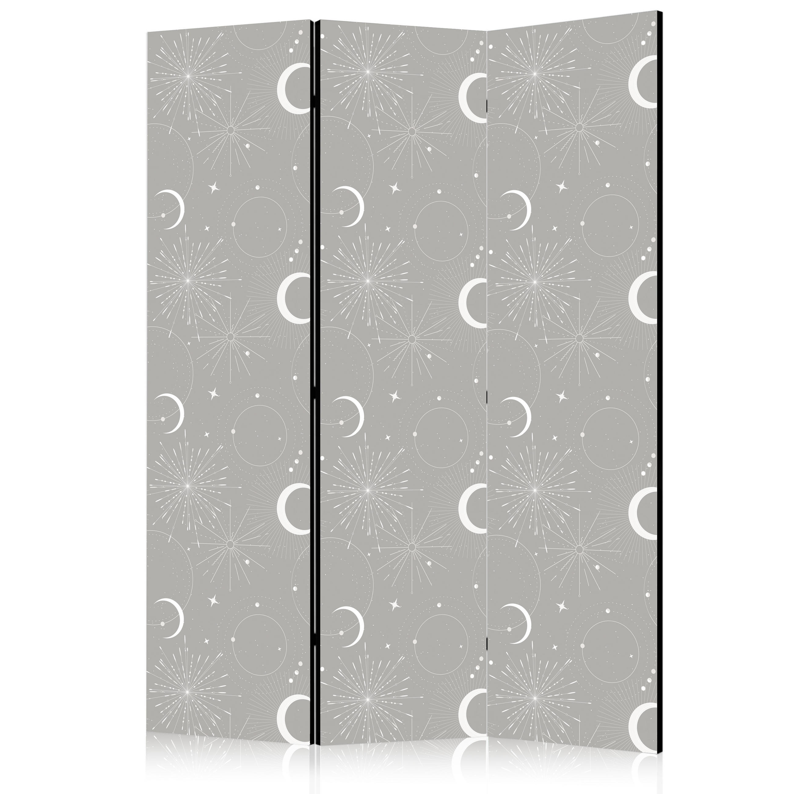 PARAVENT Beidseitig Bedruckter 3-tlg 135x172 cm Mond Sterne Boho Stil - Grau, Holz/Textil (135/172/3cm) - Muralo