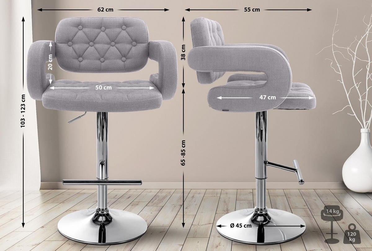 BARHOCKER 2er Set Stoff grau - Chromfarben/Grau, Textil/Metall (62/103/55cm) - CLP