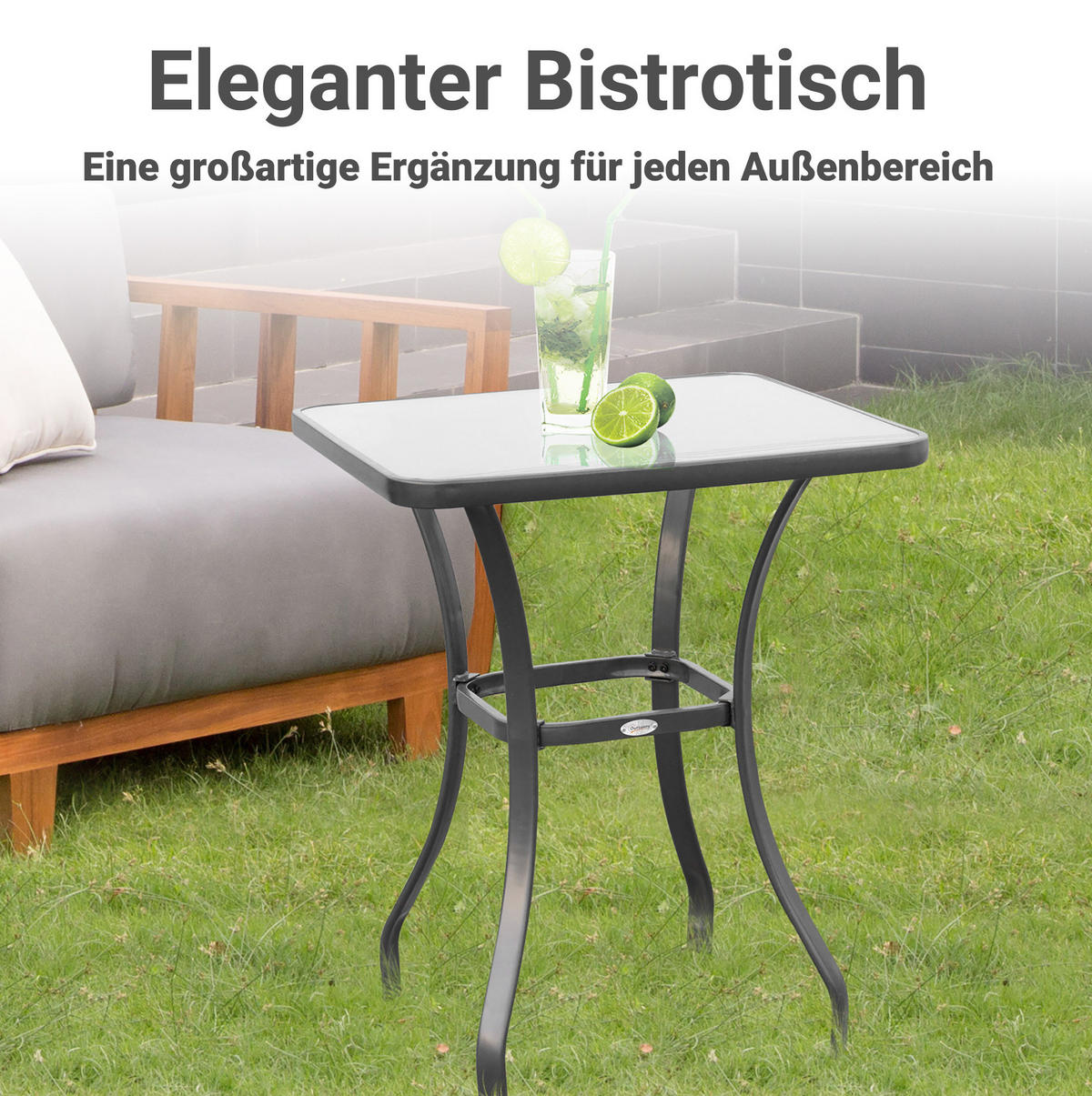 GARTENTISCH 68,5/68,5/84 cm mit gehärteter Glasplatte und pflegeleichtem Metallgestell, Schwarz - Naturfarben, Metall (68.5/68.5/84cm) - Redom