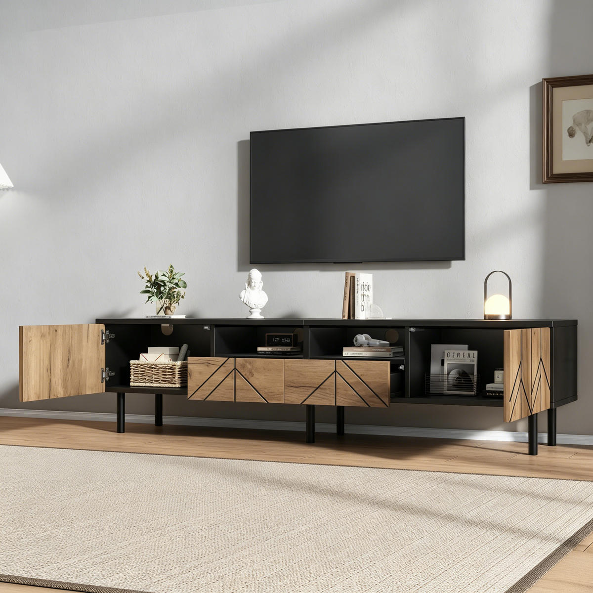 LOWBOARD mit Schubladen & Schrankfächern, 180/40/45 cm / Spanplatte - Schwarz/Naturfarben, Holzwerkstoff (180/45/40cm) - EVRYAE
