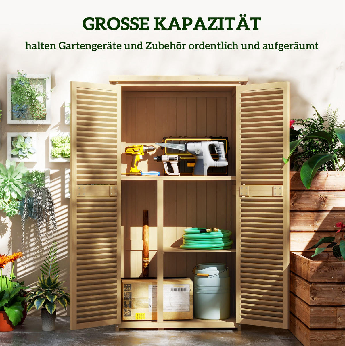 GARTENSCHRANK aus Holz 87x46,5x160cm in Gelb mit Lamellentüren - Gelb, Holz (46.5/160/87cm) - Modfu