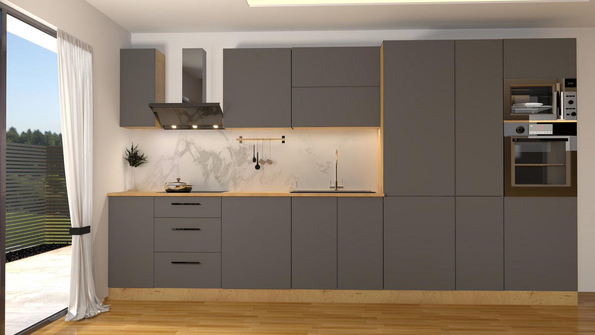 KÜCHENZEILE 400 cm - Nexa KÜ-LN-001 - in Grau / Matt - Schwarz/Grau, Holz/Metall (400/212/58cm) - ROYAL24_MARKT