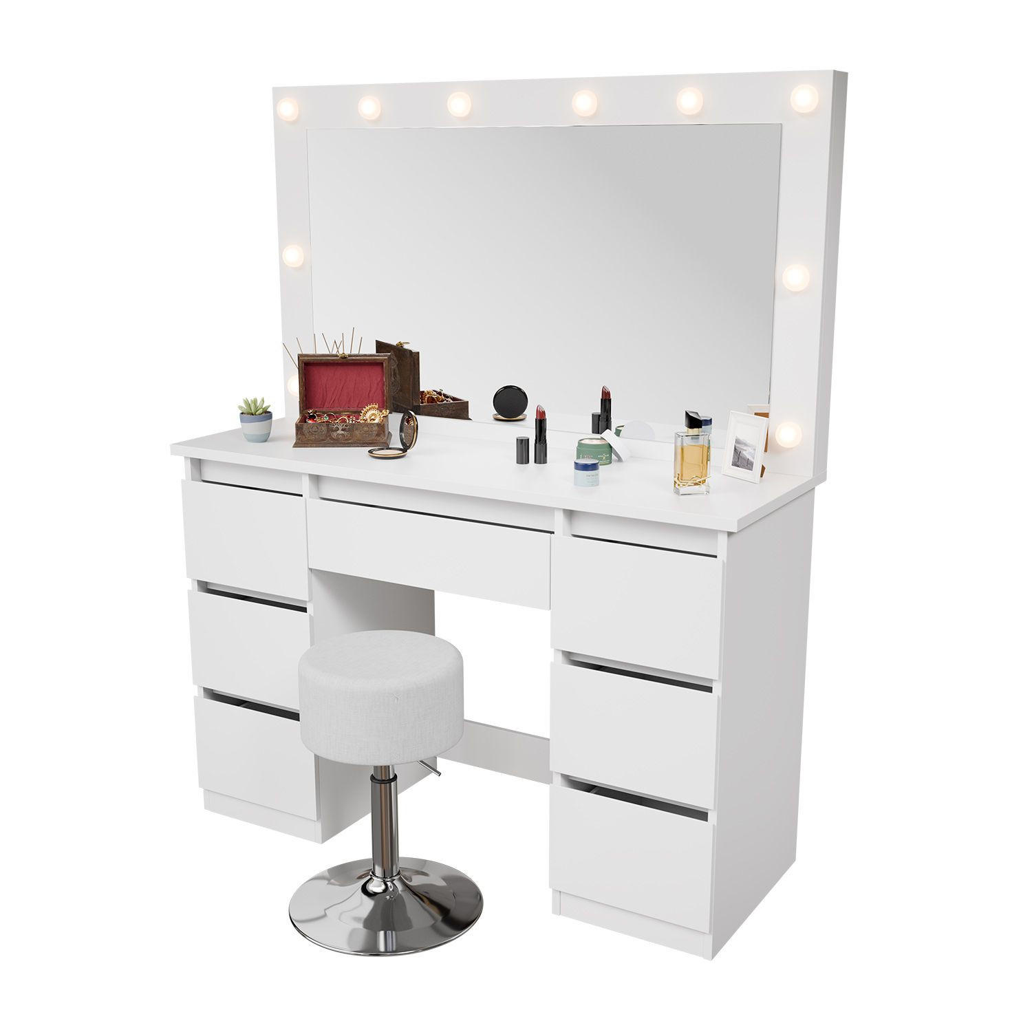 SCHMINKTISCH Lilia weiß mit LED-Beleuchtung und Hocker Tonia - Weiß, Holz (108/140/41cm) - Juskys