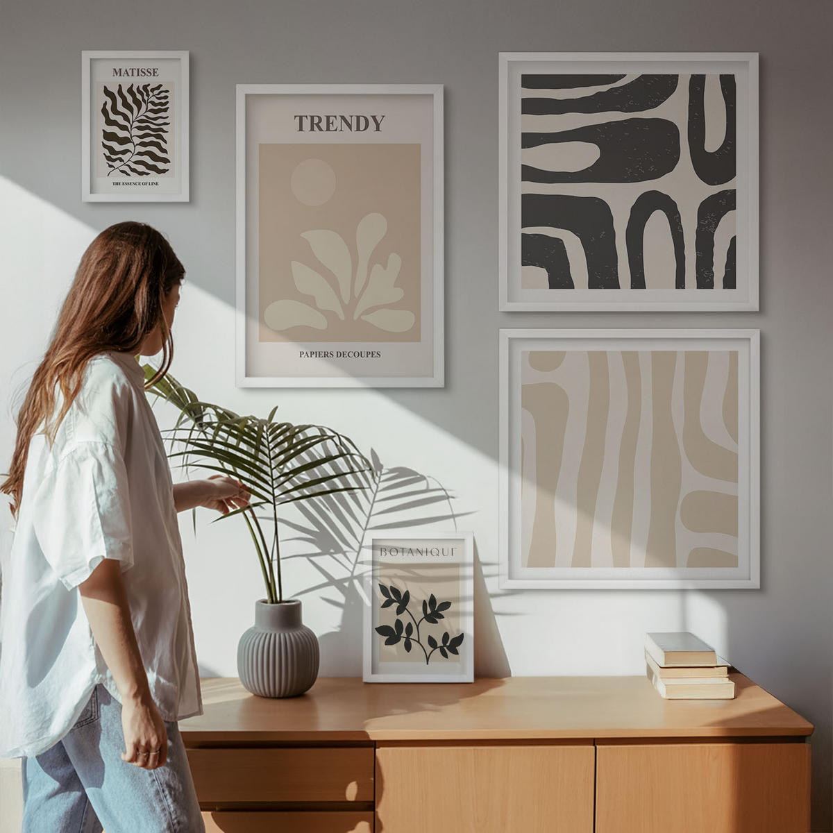 WANDBILDER 5er-Set - 50x50 cm & 20x30 cm & 40x60 cm Weißer Rahmen - Stilvolle Pflanzenmuster in Beige und Schwarz - Weiß, Kunststoff (40/60cm) - ArtPrintCave