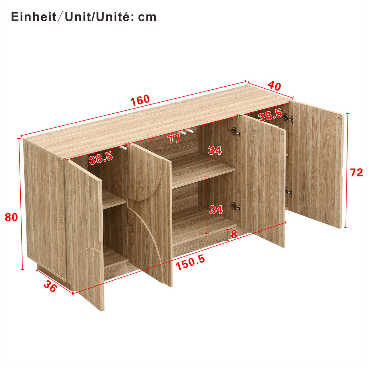 SIDEBOARD aus Spanplatte 160x40x80 cm Natur mit flexiblen Einlegeböden - Naturfarben, Holzwerkstoff (160/80/40cm) - IVMEU