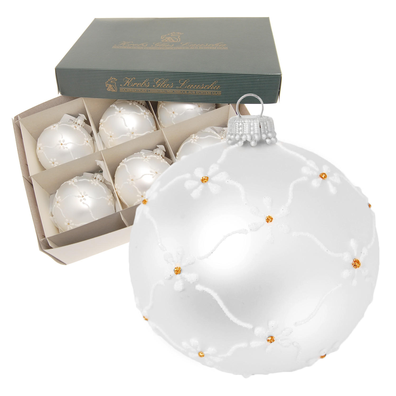 CHRISTBAUMKUGELN Blütenkette Silberfarbig 8cm (Glas / 6 Stk.) - Silberfarben, Glas (8/8/8cm) - Krebs Glas Lauscha