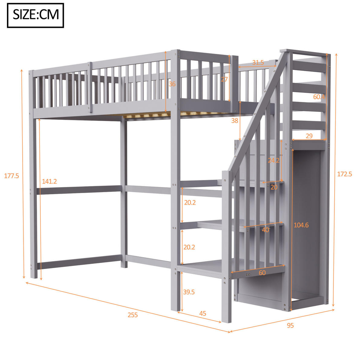HOCHBETT mit Treppe und Kleiderschrank 90x200 cm Grau - Grau, Holzwerkstoff (90/200cm) - Beauniv