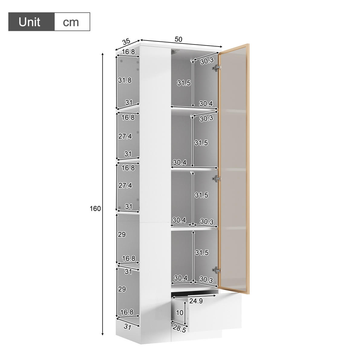 VITRINE 50x35x160 cm Weiß mit LED und Glastür - Weiß, Holzwerkstoff (50/160/35cm) - FLIEKS