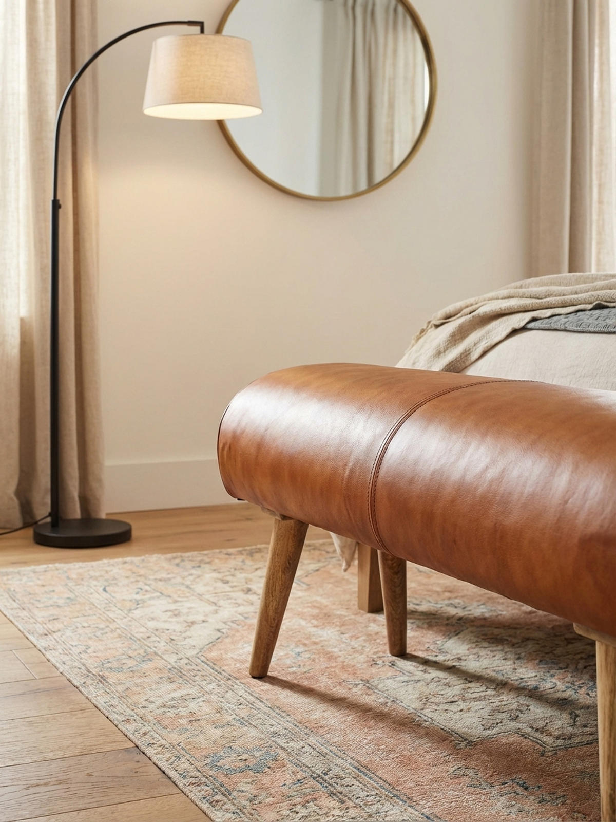 SITZBANK – Echtleder/Holz, 2 Personen, Modern - Braun, Mangoholz/Leder (100/53/40cm) - KADIMA DESIGN