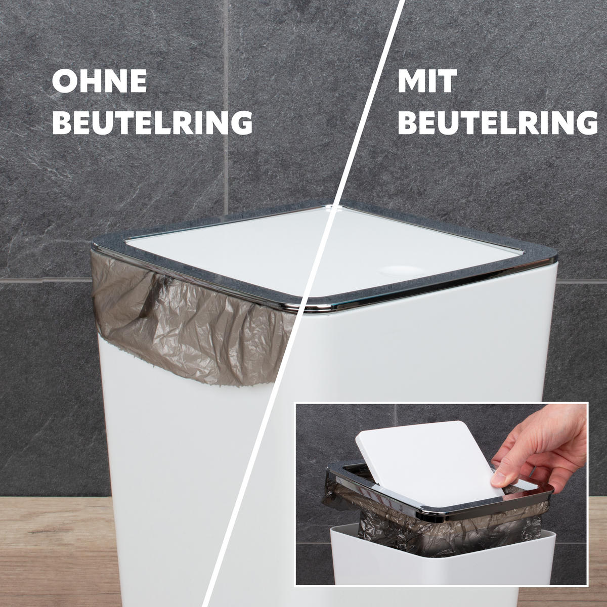 BEUTELRING Bad-Serie SAVONA, Ersatz-Haltering für Müllbeutel, eckig - Transparent, Kunststoff (17/2.3/17cm) - bremermann