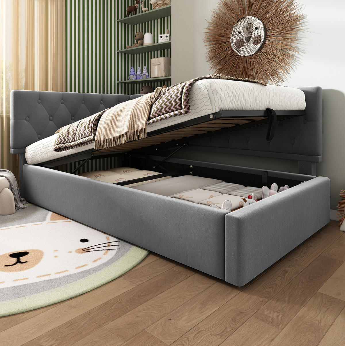 KINDERBETT Polsterbett 90/190 cm aus Samt mit hydraulischem Stauraum Grau - Grau, Textil (90/190cm) - Modenvie