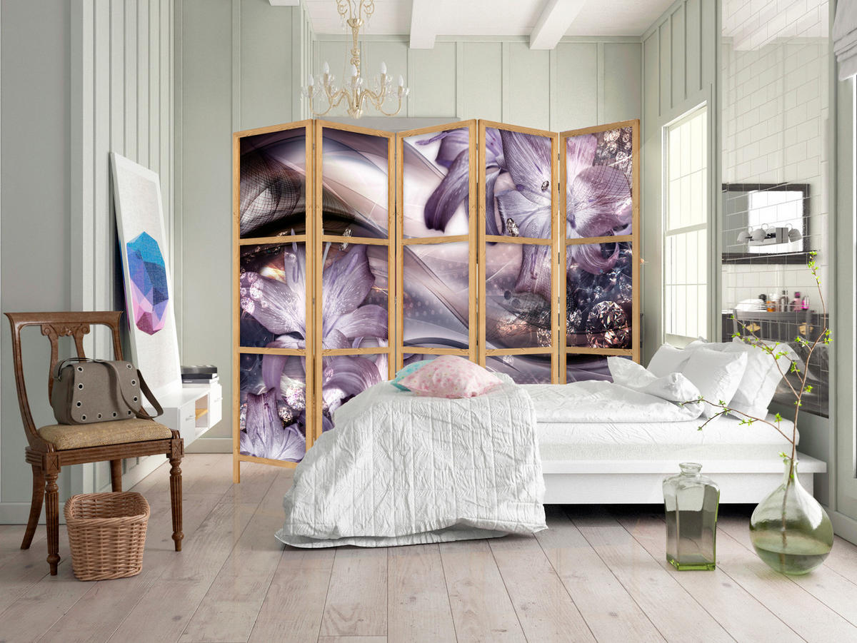 PARAVENT Japanischer 5-tlg 225x172 cm Lilien abstrakte Muster - Lila, Holz/Textil (225/172/3cm) - Muralo