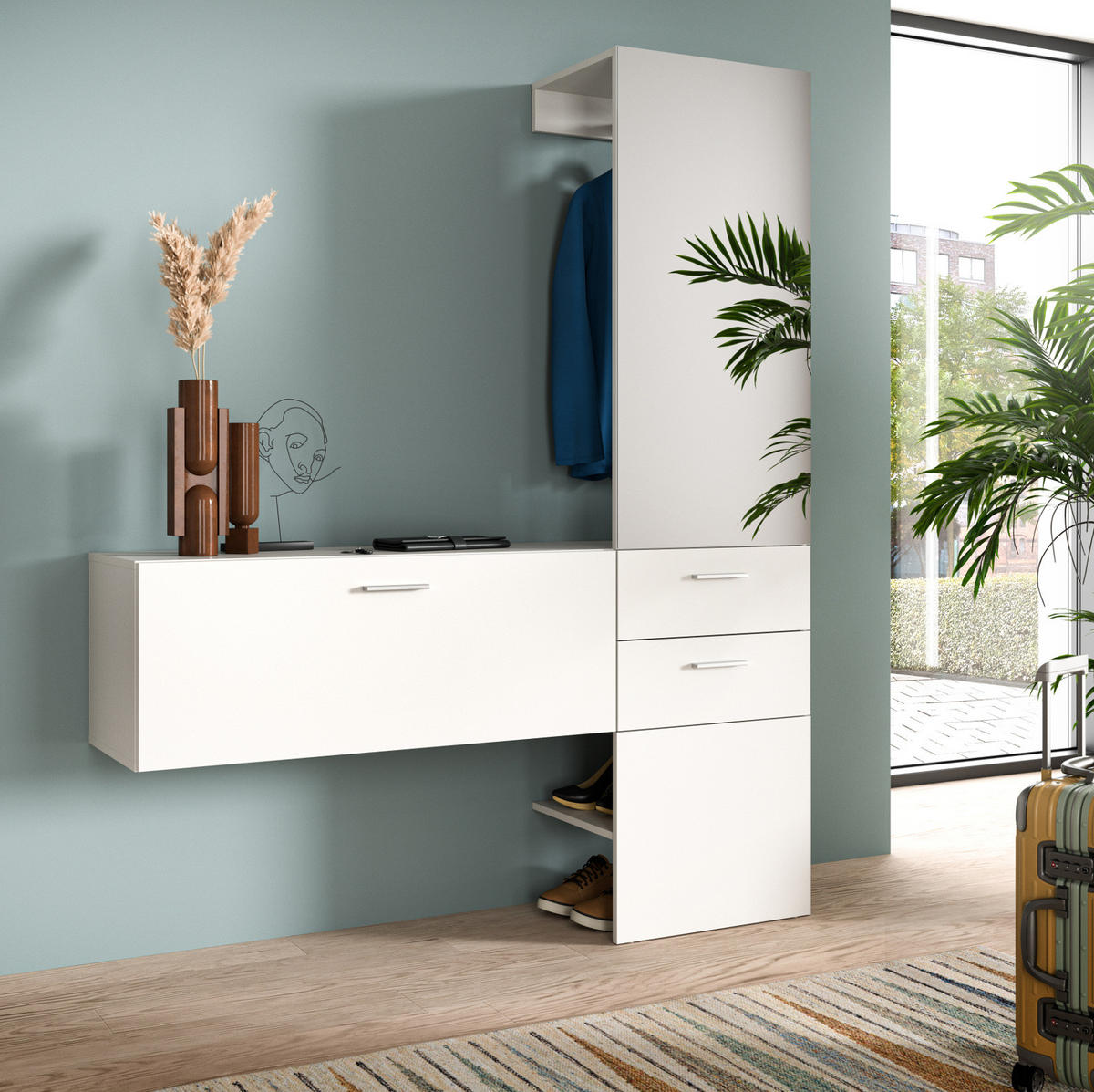 GARDEROBE Set weiß 156 cm, Komplettset 2-teilig mit Spiegel - Silberfarben/Weiß, Glas/Holzwerkstoff (156/190/36cm) - Inn.Furn