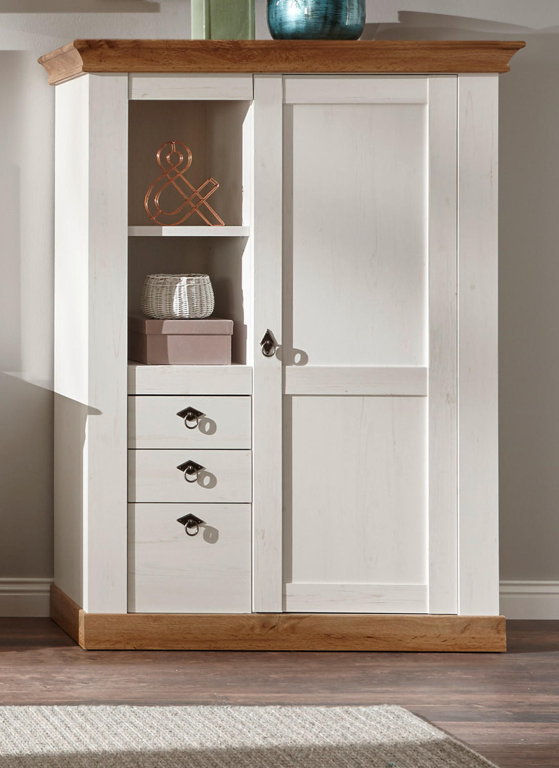 HIGHBOARD weiß Pinie, Eiche, Landhaus Kommode 100 x 140 cm - Silberfarben/Eiche Wotan, Holzwerkstoff/Metall (102/139/44cm) - Furn.Design
