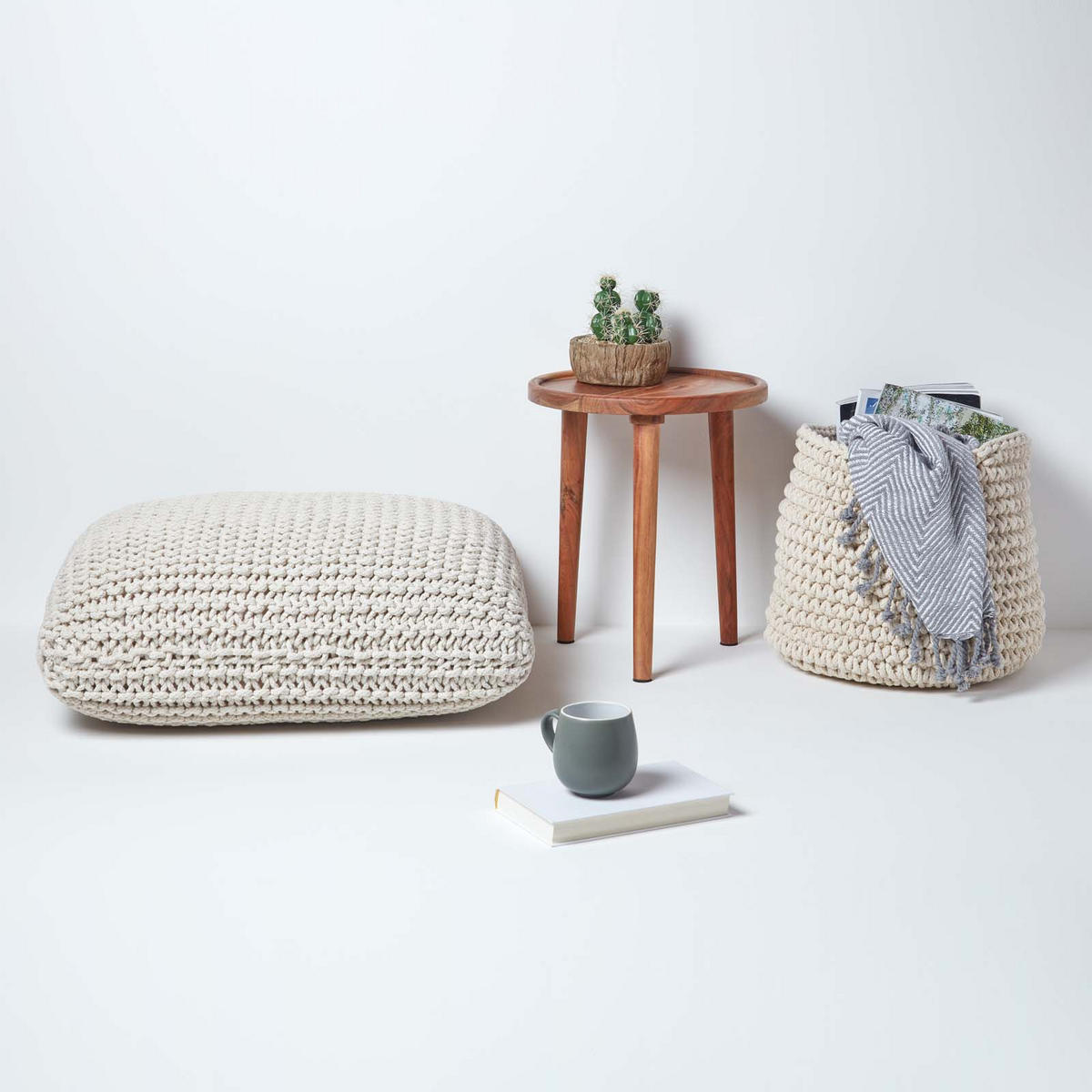 STRICK-POUF natur, Bodenkissen 70/70/20 cm - Creme, Textil (70/20/70cm) - Homescapes