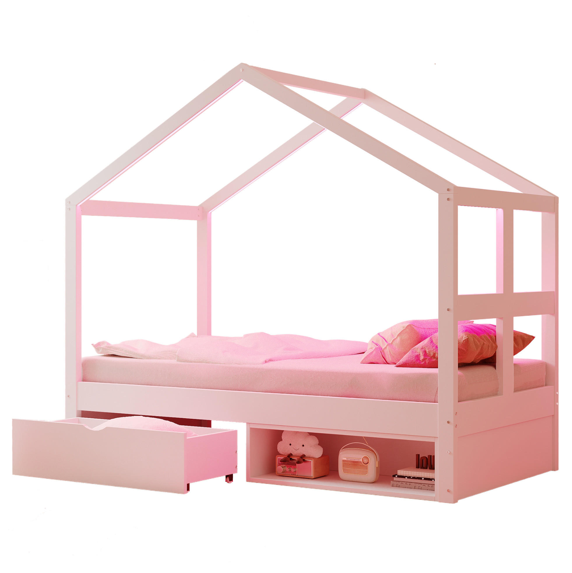 JUGENDBETT 90/180 cm weiß aus Holz mit LED, Schublade und Schuhschrank - Weiß, Holzwerkstoff (90/190cm) - OKWISH