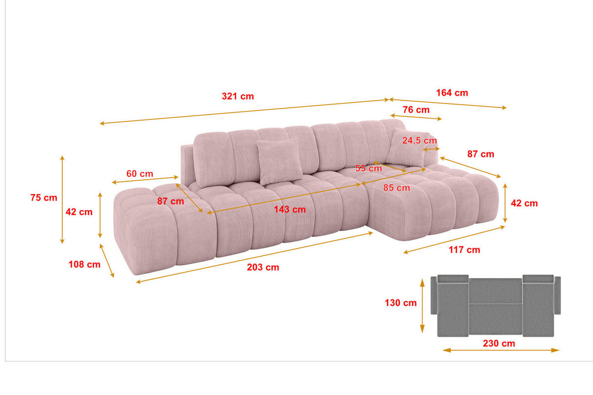 ECKSOFA mit Schlaffunktion Ottomane RECHTS OLEA-L2 321x164x75 Rosa Cord - Schwarz/Rosa, Holzwerkstoff/Kunststoff (164/321cm) - ALTDECOR