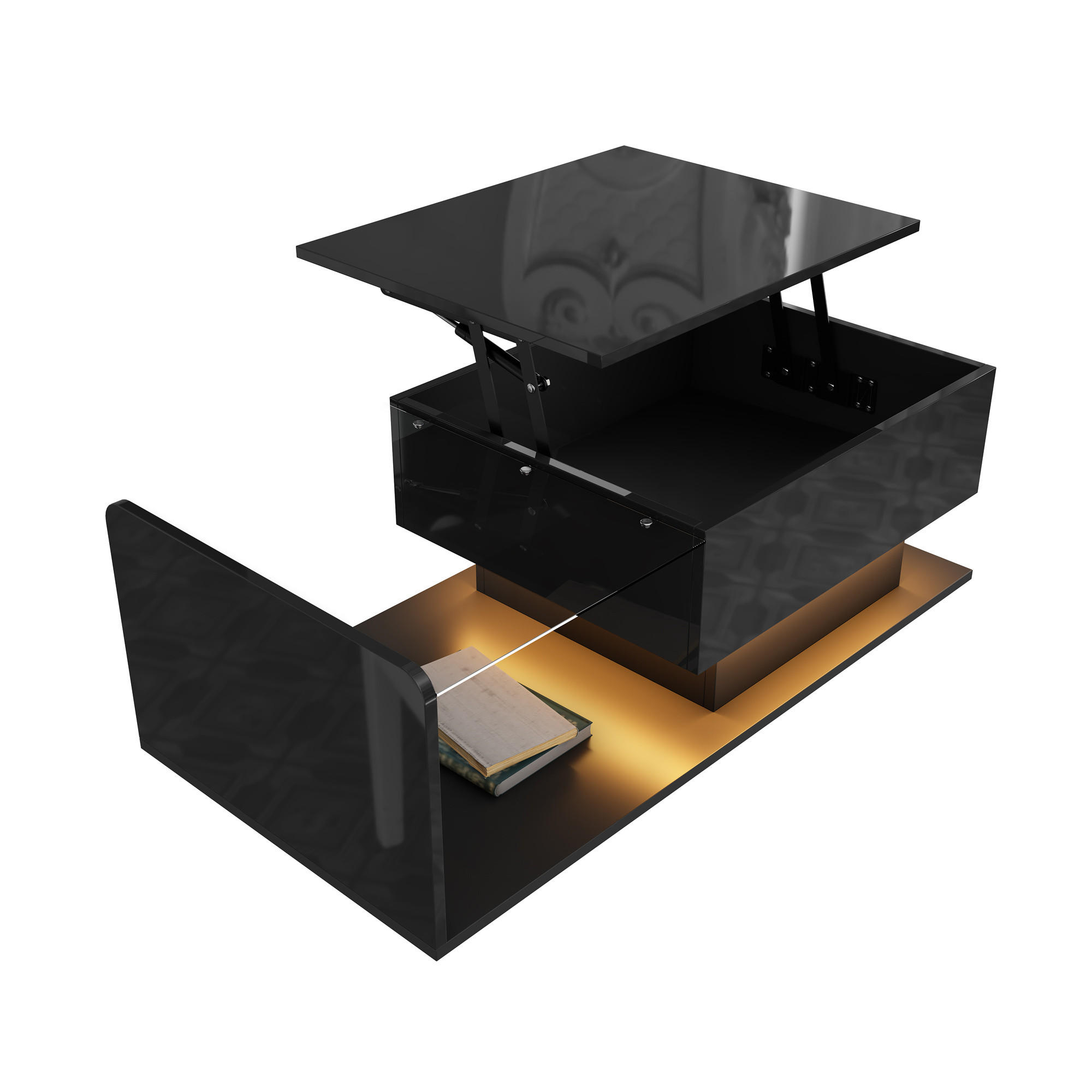 COUCHTISCH Hochglanz 100x50 cm Schwarz, LED, Beistelltisch, Glasplatte, Hebefunktion, Stauraum - Schwarz, Holz (50/100/33cm) - PARAFTA HOME