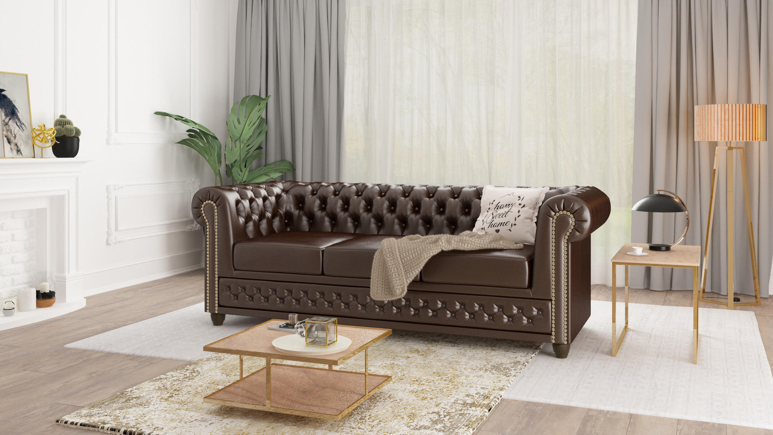 CHESTERFIELD-SOFA 3-sitzer mit Schlaffunktion Morin Braun vegan Leder - Braun, Holz/Textil (203/72/86cm) - S-Style Möbel