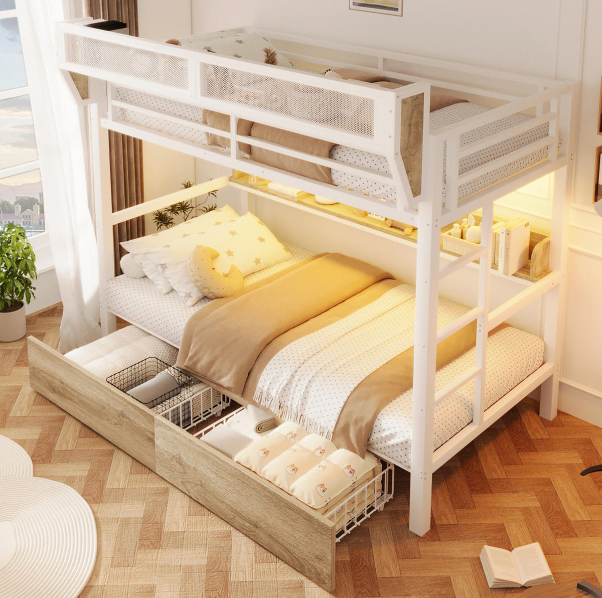 ETAGENBETT 90/200 cm aus Metall und MDF mit LED-Licht und Stauraum Weiß - Weiß, Holzwerkstoff (90/200cm) - Modenvie