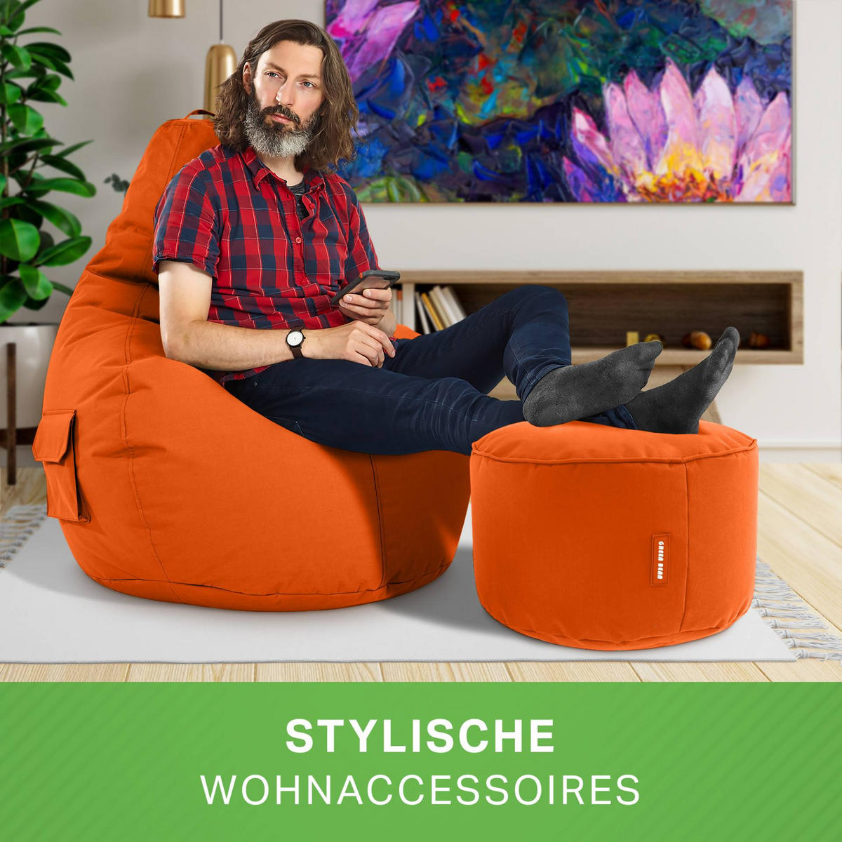 SITZSACK + Hocker "Cozy+Stay" 2er Set - Orange, Textil (70/90/80cm) - Green Bean