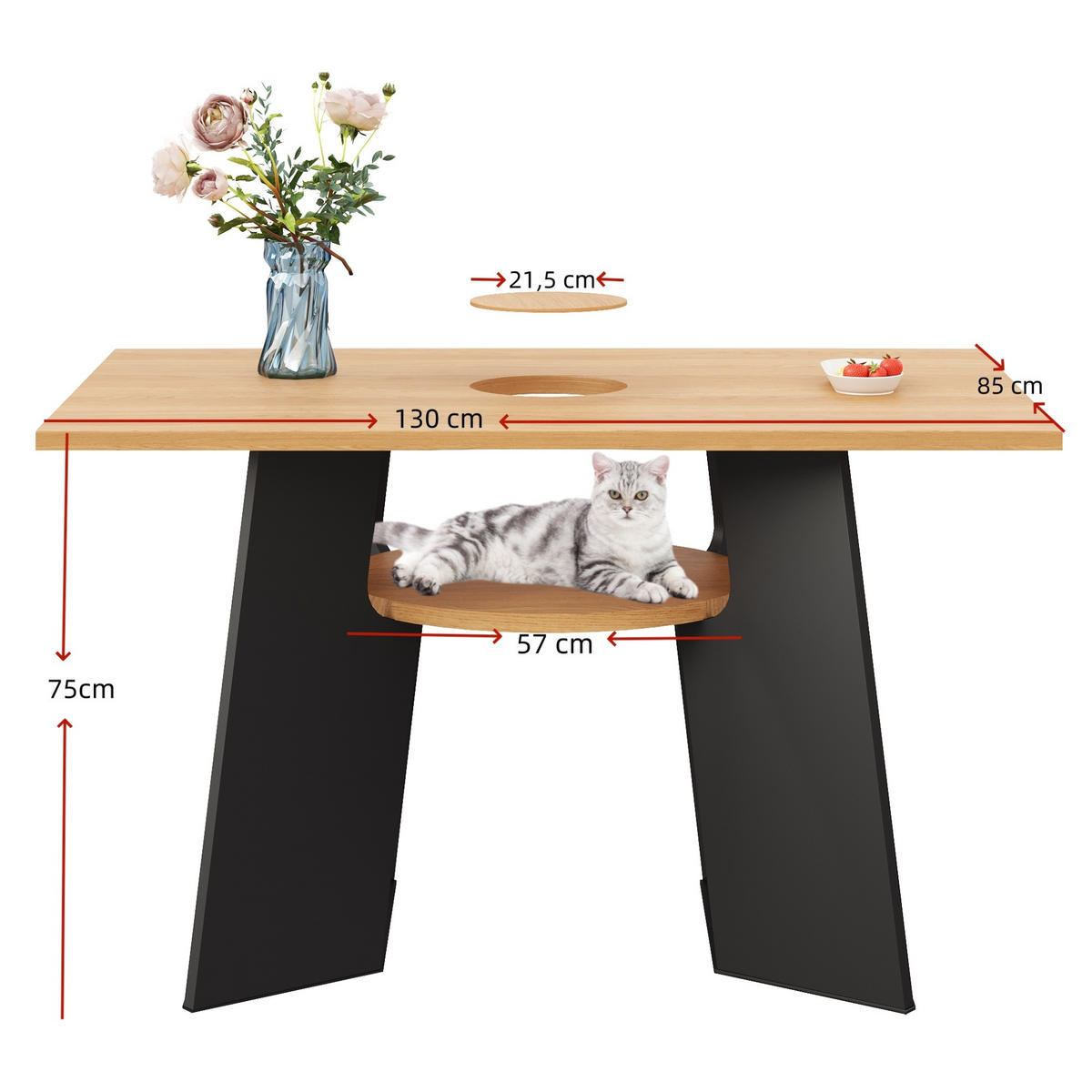 ESSTISCH 130/85/75 cm haustierfreundlich in Schwarz-Natur mit Ablagebrettchen - Schwarz, Holzwerkstoff (130/85/75cm) - OKWISH