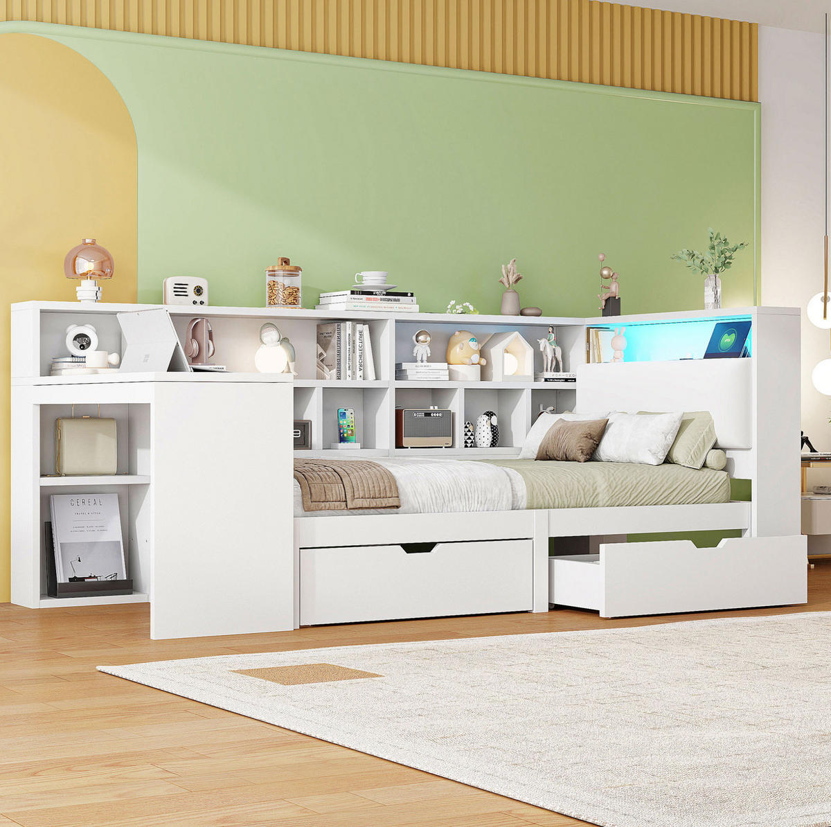 MULTIFUNKTIONSBETT 90/200 cm Weiß L-förmiges Bett mit Schreibtisch Bücherregal und LED-Beleuchtung - Weiß, Holzwerkstoff (90/200cm) - OKWISH